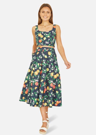 Yumi Navy Organic Cotton Citrus Print Midi Skirt