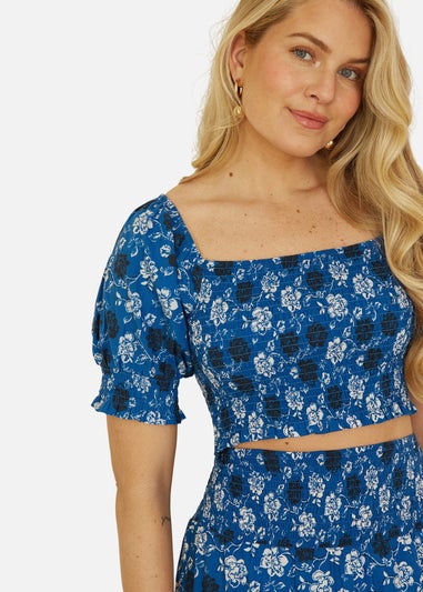 Yumi Blue Cotton Voile Floral Ruched Crop Top