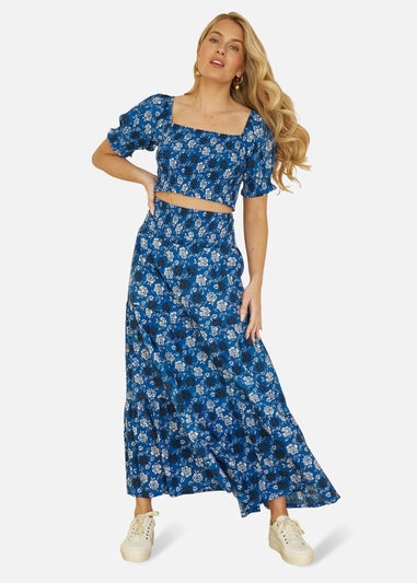 Yumi Blue Cotton Voile Floral Ruched Crop Top