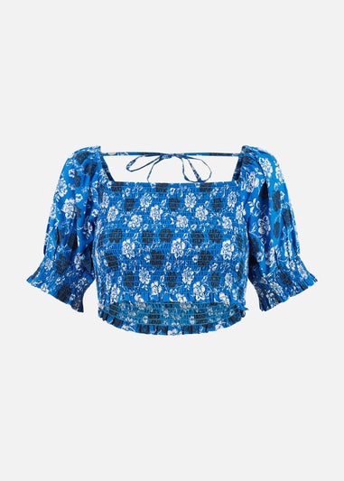 Yumi Blue Cotton Voile Floral Ruched Crop Top