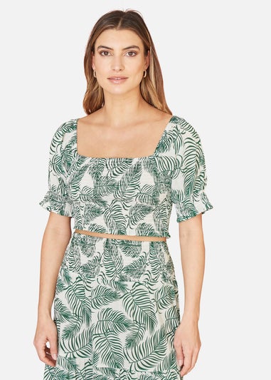 Yumi Green Cotton Voile Palm Leaf Ruched Crop Top