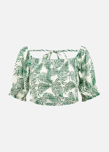 Yumi Green Cotton Voile Palm Leaf Ruched Crop Top