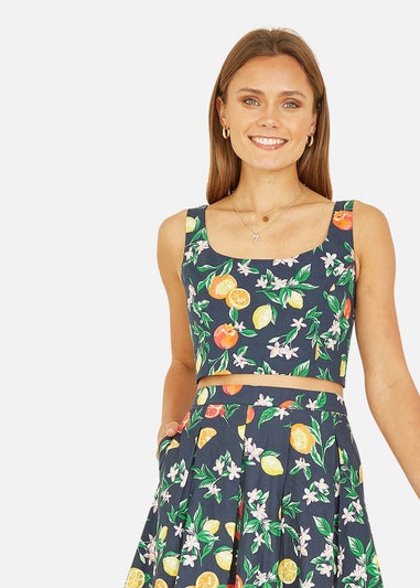 Yumi Navy Organic Cotton Citrus Print Crop Top