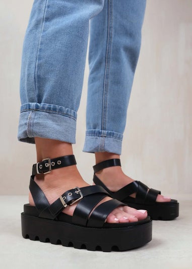 Where's That From Layla Black Wide-Fit Buckle Strap Platform Sandals