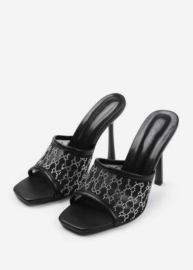 Where's That From Lisbon Black Diamante Mesh Peep Toe Mules