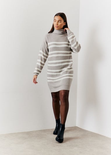 In The Style Grey Stripe Roll Neck Jumper Dress