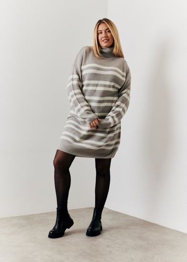 In The Style Grey Stripe Roll Neck Jumper Dress