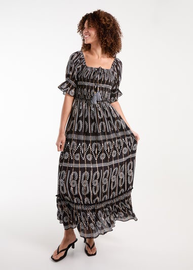 Blue Vanilla Black Milkmaid Shirred Square Neck Midi Dress