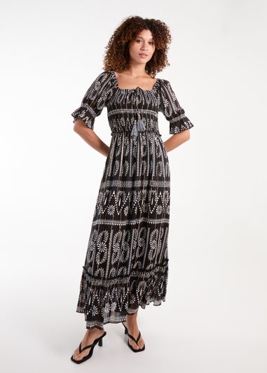 Blue Vanilla Black Milkmaid Shirred Square Neck Midi Dress