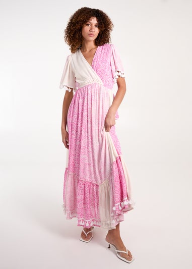 Blue Vanilla Pink Wrap Front Tassel Maxi Dress