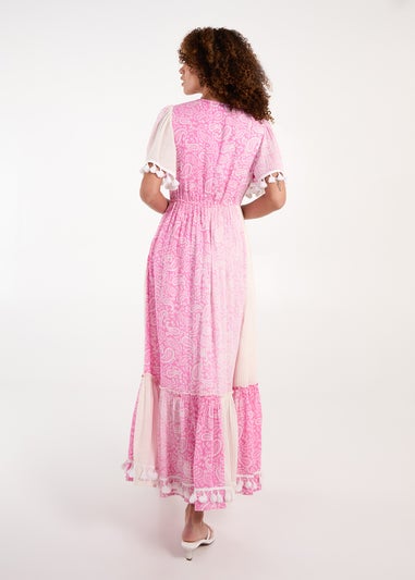 Blue Vanilla Pink Wrap Front Tassel Maxi Dress