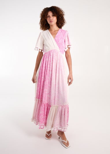 Blue Vanilla Pink Wrap Front Tassel Maxi Dress