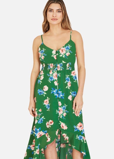 Mela Green Floral High Low Frill Midi Dress