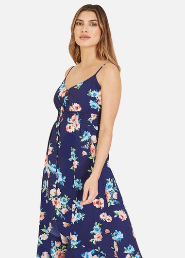 Mela Navy Floral High Low Frill Midi Dress