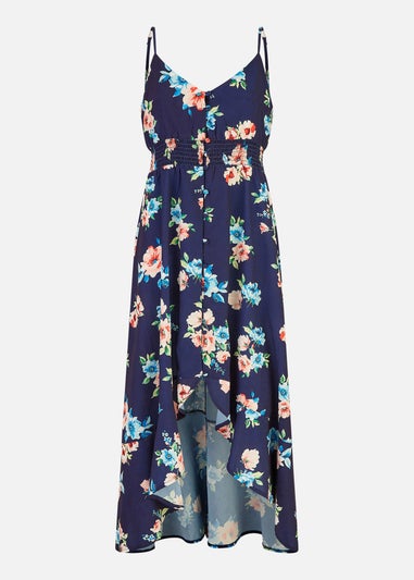 Mela Navy Floral High Low Frill Midi Dress