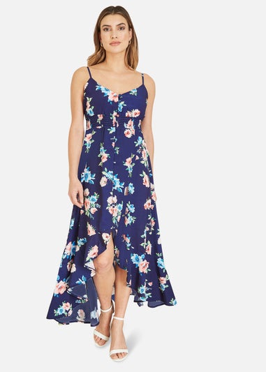 Mela Navy Floral High Low Frill Midi Dress