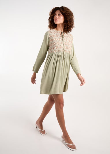 Blue Vanilla Khaki Embroidered Tunic Dress