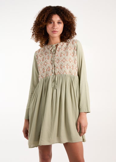 Blue Vanilla Khaki Embroidered Tunic Dress