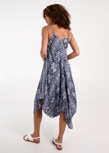 Blue Vanilla Brown Navy Elephant Print Hanky Hem Dress