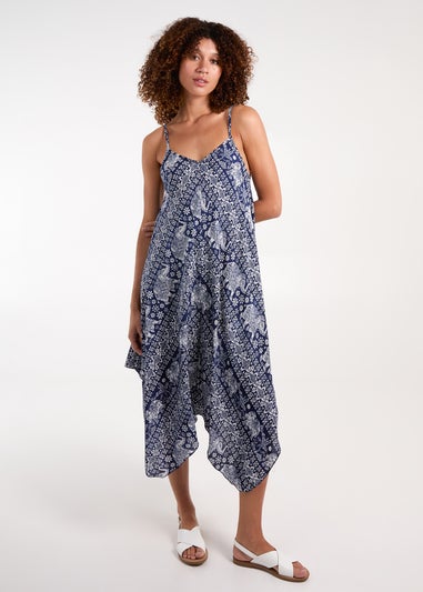 Blue Vanilla Brown Navy Elephant Print Hanky Hem Dress