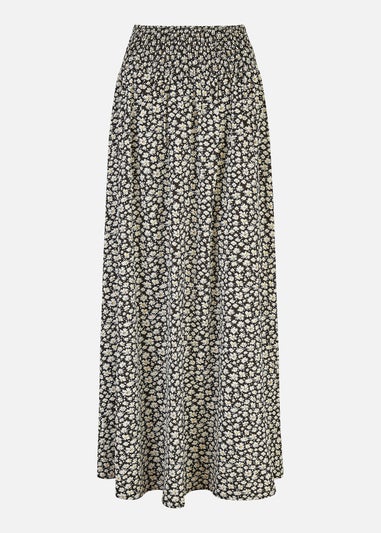 Mela Black Daisy Print Ruched Waist Maxi Skirt With Split Hem