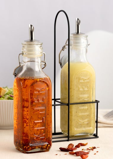 Kilner Set of 2 Oil Bottles & Metal Rack (300ml)