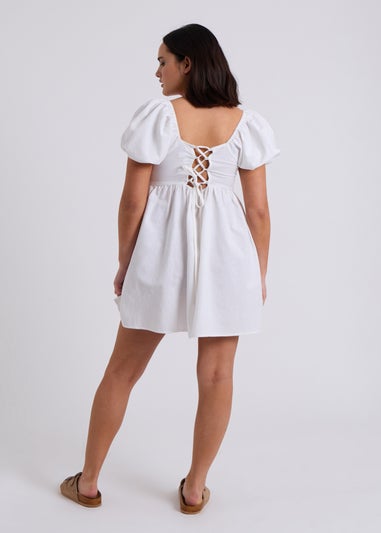 Urban Bliss White Linen Blend Lace Up Mini Smock Dress