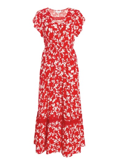 Quiz Red Ditsy Floral Crochet Trim Maxi Dress