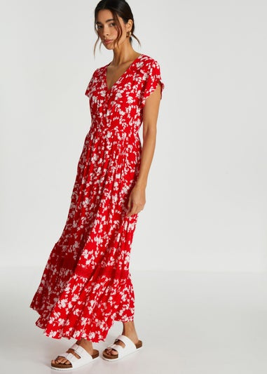 Quiz Red Ditsy Floral Crochet Trim Maxi Dress