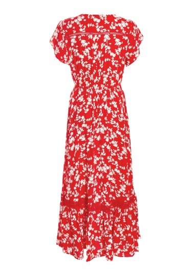 Quiz Red Ditsy Floral Crochet Trim Maxi Dress