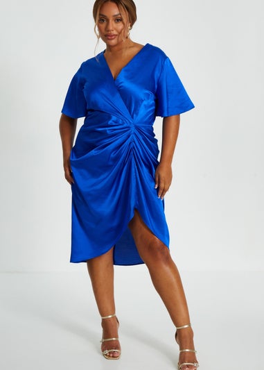 Quiz Blue Curve Satin Ruched Wrap Midi Dress