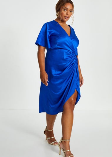 Quiz Blue Curve Satin Ruched Wrap Midi Dress