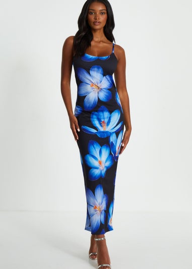 Quiz Blue Bold Floral Print Bodycon Maxi Dress