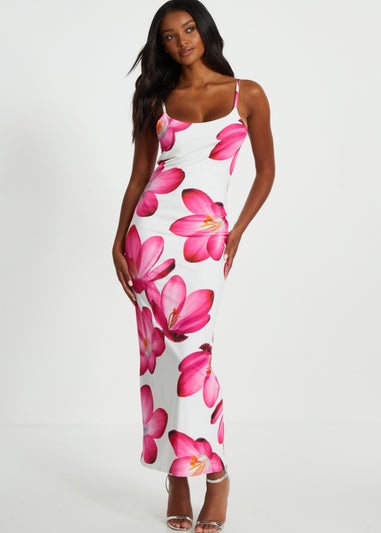 Quiz Pink Bold Floral Print Bodycon Maxi Dress