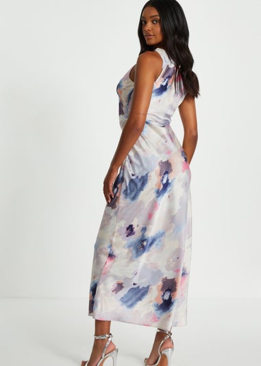 Quiz Multi Marble Satin Twist Shoulder Midaxi Dress