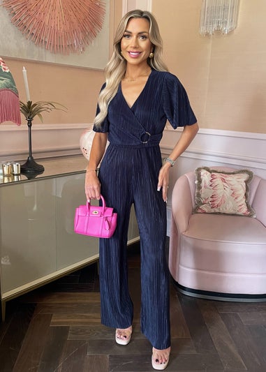 AX Paris Navy Wrap Top Short Sleeve Plisse Jumpsuit