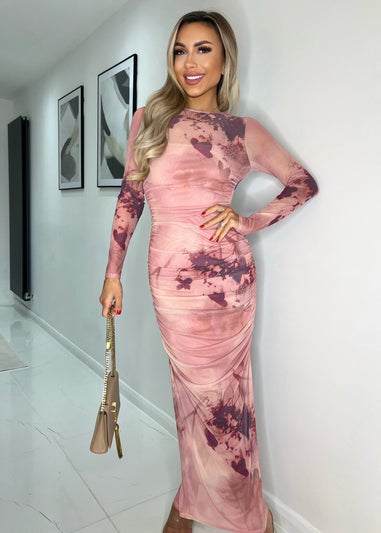 AX Paris Blush Printed Mesh Overlay Long Sleeve Bodycon Midi Dress