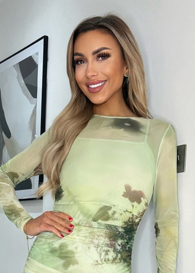 AX Paris Lime Printed Mesh Overlay Long Sleeve Bodycon Midi Dress