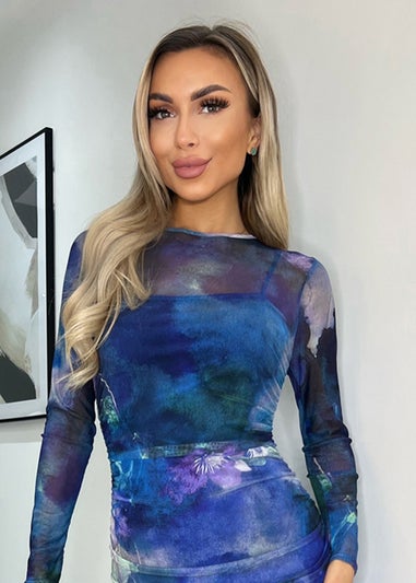 AX Paris Blue Printed Mesh Overlay Long Sleeve Bodycon Midi Dress