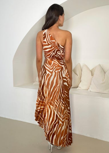 AX Paris Brown Printed One Shoulder Pleated Midi Dress