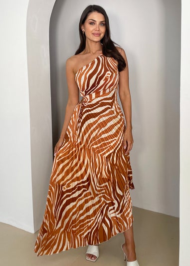 AX Paris Brown Printed One Shoulder Pleated Midi Dress