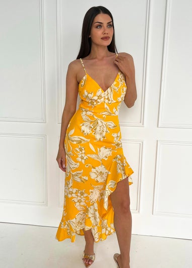 AX Paris Yellow Floral Printed Strappy Frill Hem Midi Dress