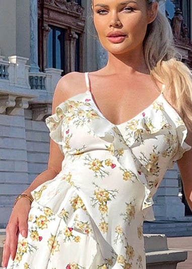 AX Paris Cream Floral Printed Strappy Frill Hem Midi Dress