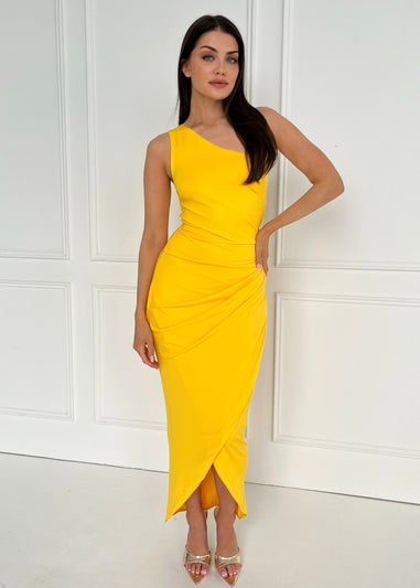 AX Paris Yellow One Shoulder Wrap Draped Midi Dress