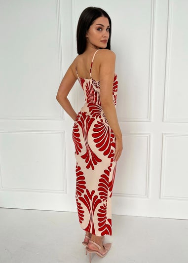 AX Paris Burnt Orange Abstract Print Cowl Neck Ruched Midi Dress