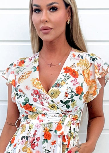 AX Paris Cream Floral Print Short Sleeve Belted Wrap Midi Dress