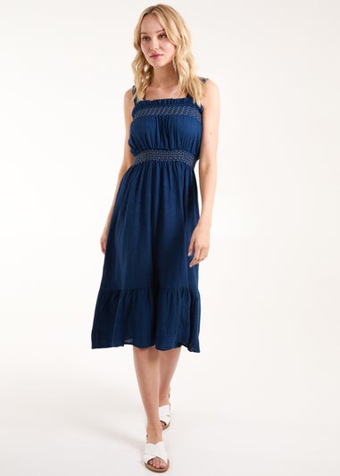 Blue Vanilla Navy Shirred Detail Midi Dress