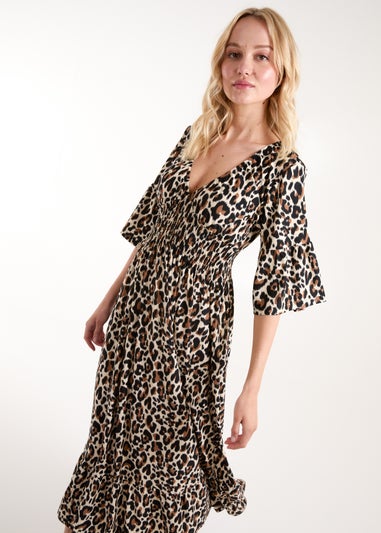 Blue Vanilla Cream Leopard Print Elasticated Neck Shirred Waist Midi Dress