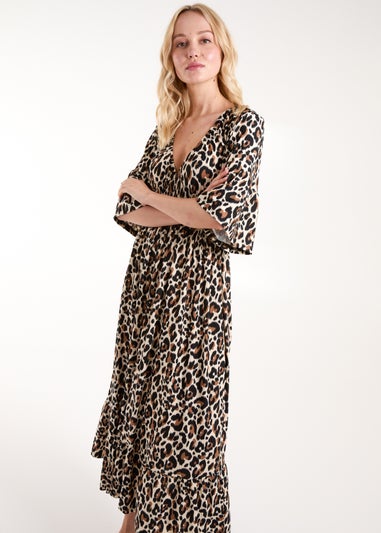 Blue Vanilla Cream Leopard Print Elasticated Neck Shirred Waist Midi Dress