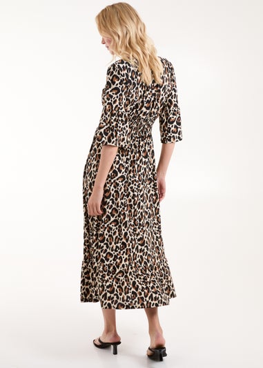 Blue Vanilla Cream Leopard Print Elasticated Neck Shirred Waist Midi Dress